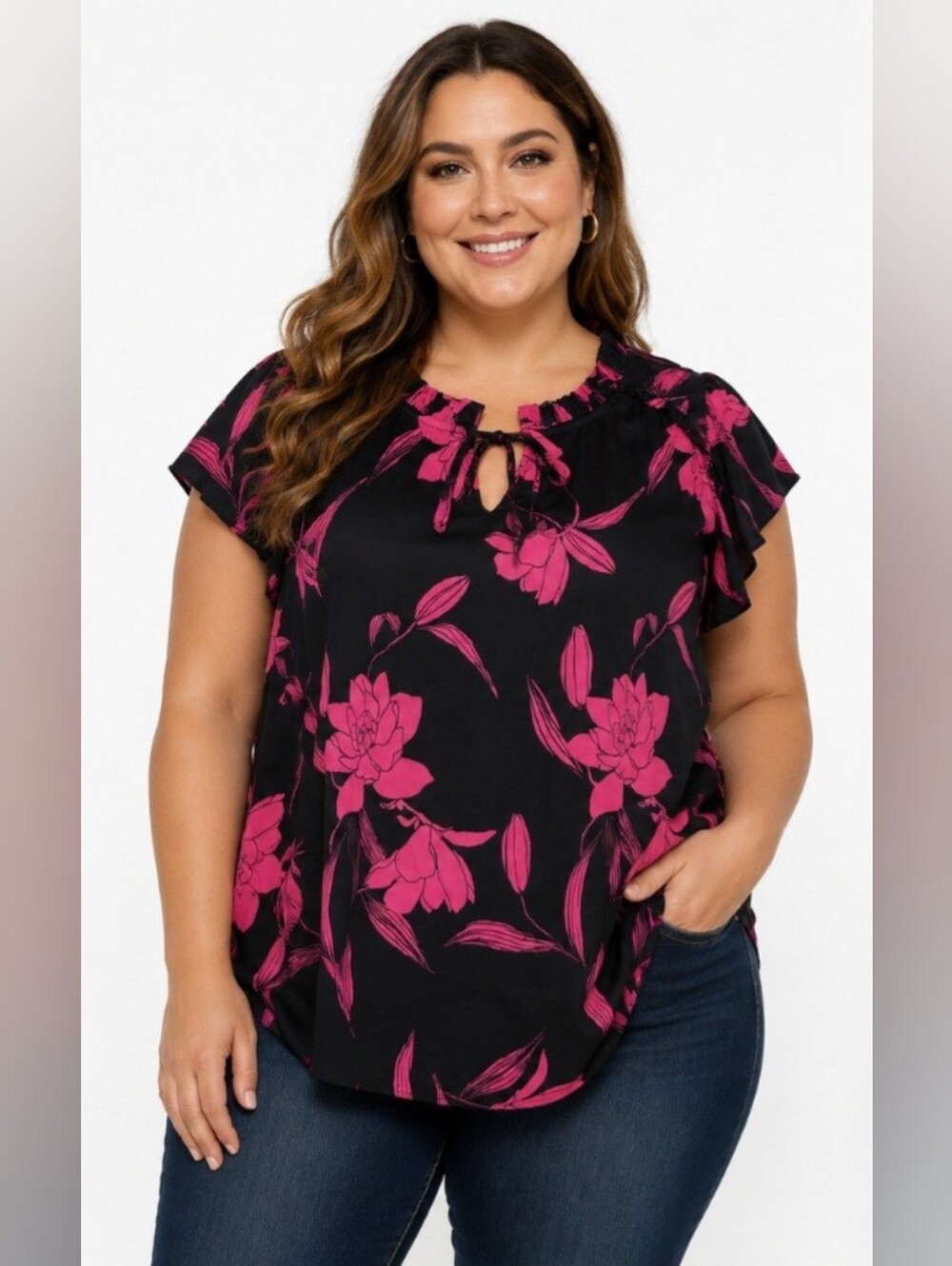 VTG Lane Bryant Floral Blouse 18/20 Tie Neck Ruffled Pull On Short Sleeve Satin